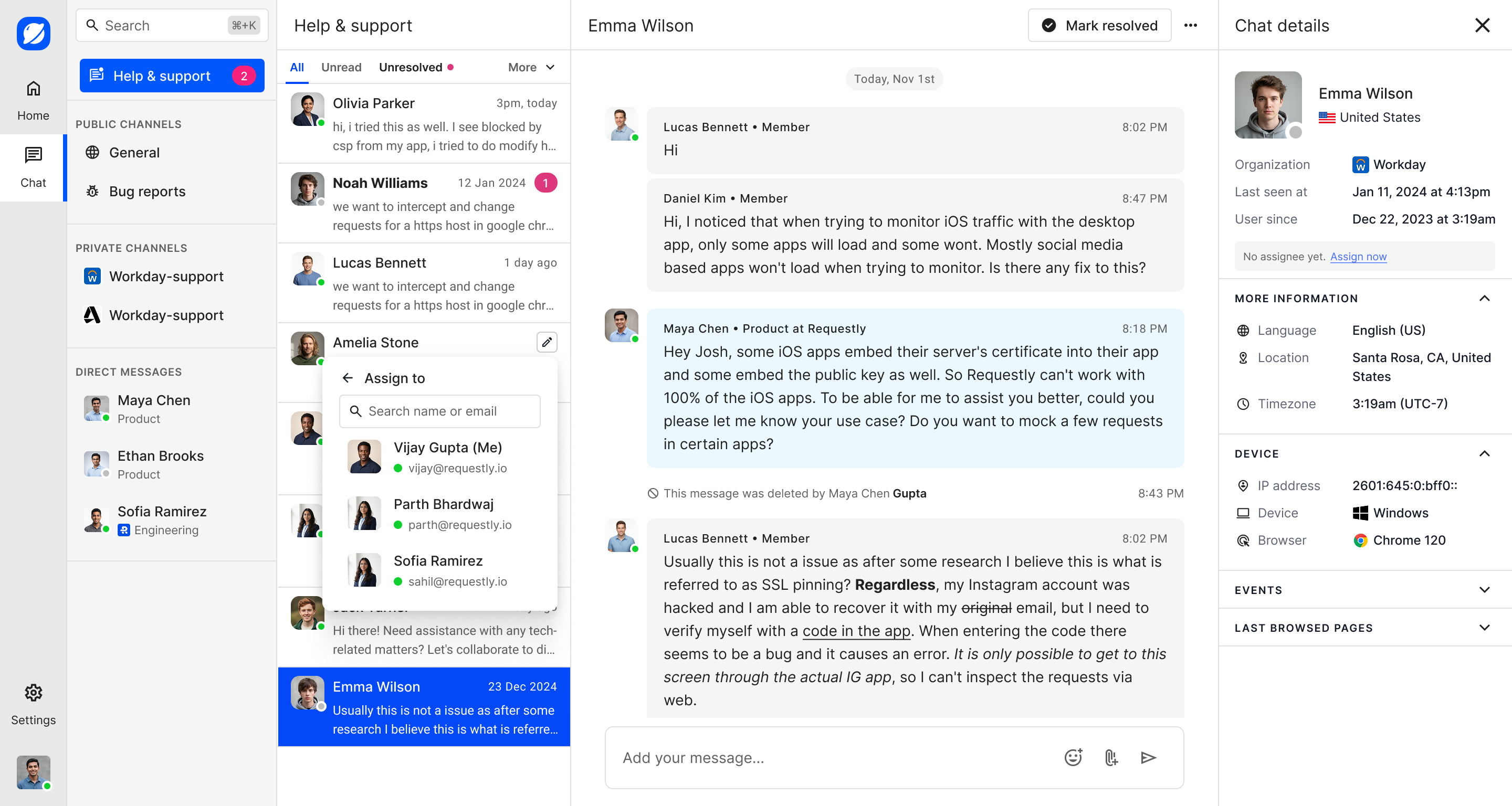 Assignee picker for a support conversation